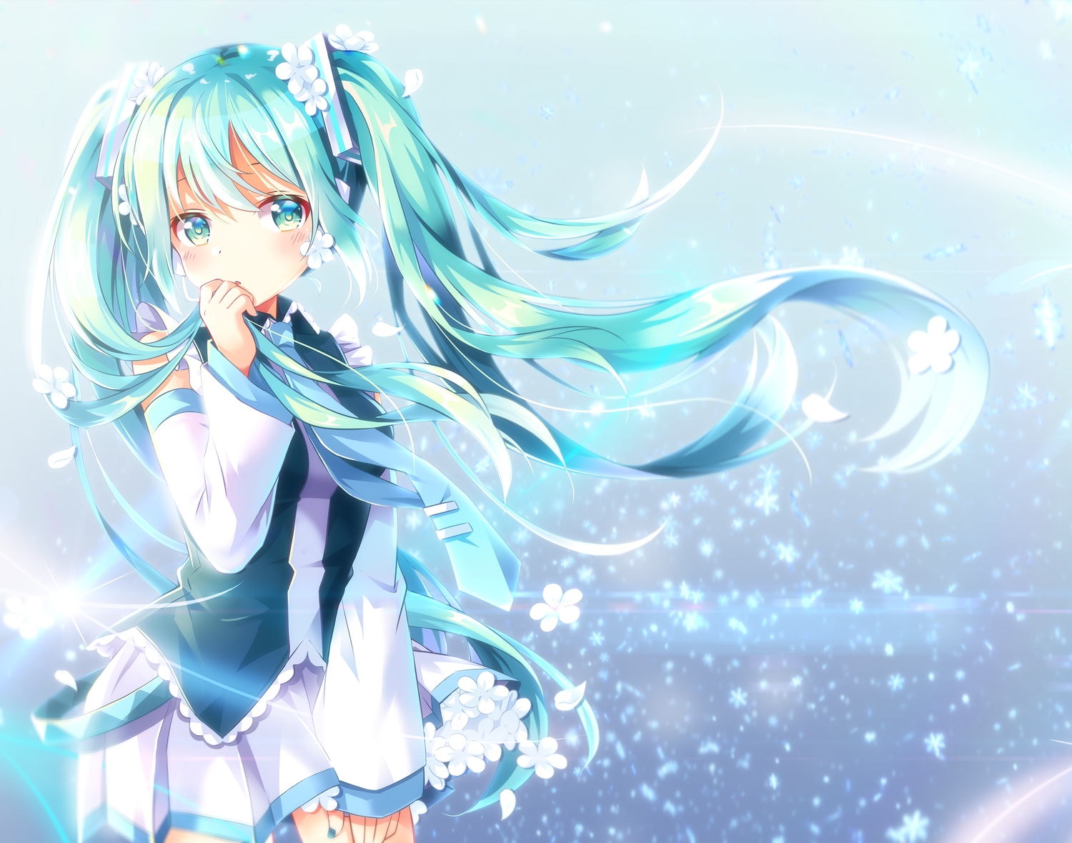 aqua_eyes, aqua_hair, blue, blush, flowers, hatsune_miku, long_hair, petals
