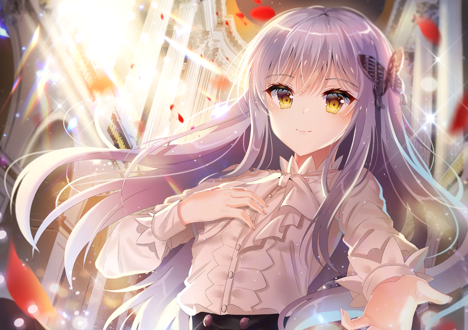 bang_dream!, ecu8080, gray_hair, long_hair, minato_yukina, petals, shirt, yellow_eyes