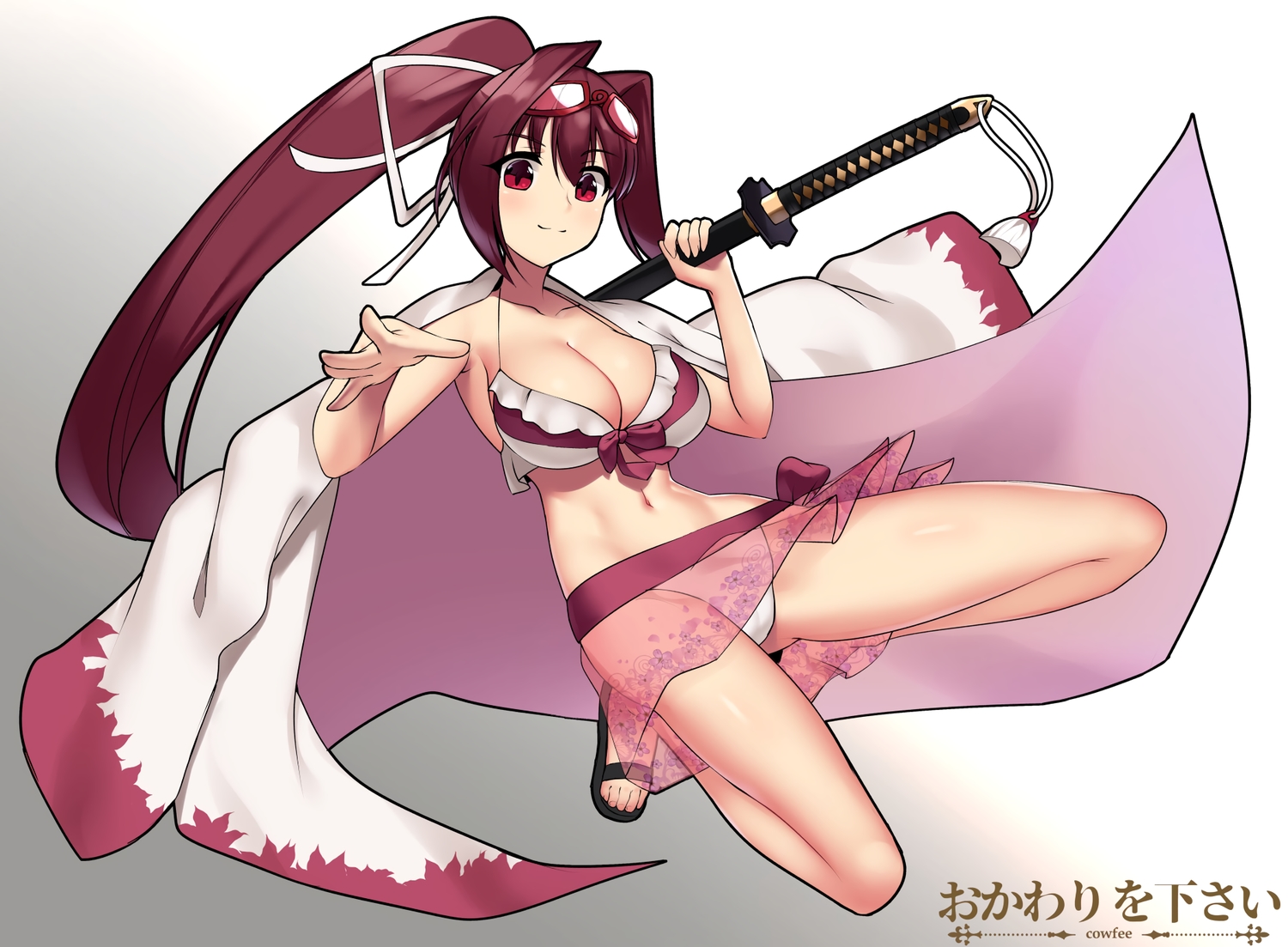 bikini, breasts, cameltoe, cleavage, cowfee, gradient, katana, long_hair, navel, ponytail, red_eyes, red_hair, see_through, skirt, sunglasses, swimsuit, sword, under_night_in-birth, watermark, weapon, yuzuriha_(under_night_in-birth)