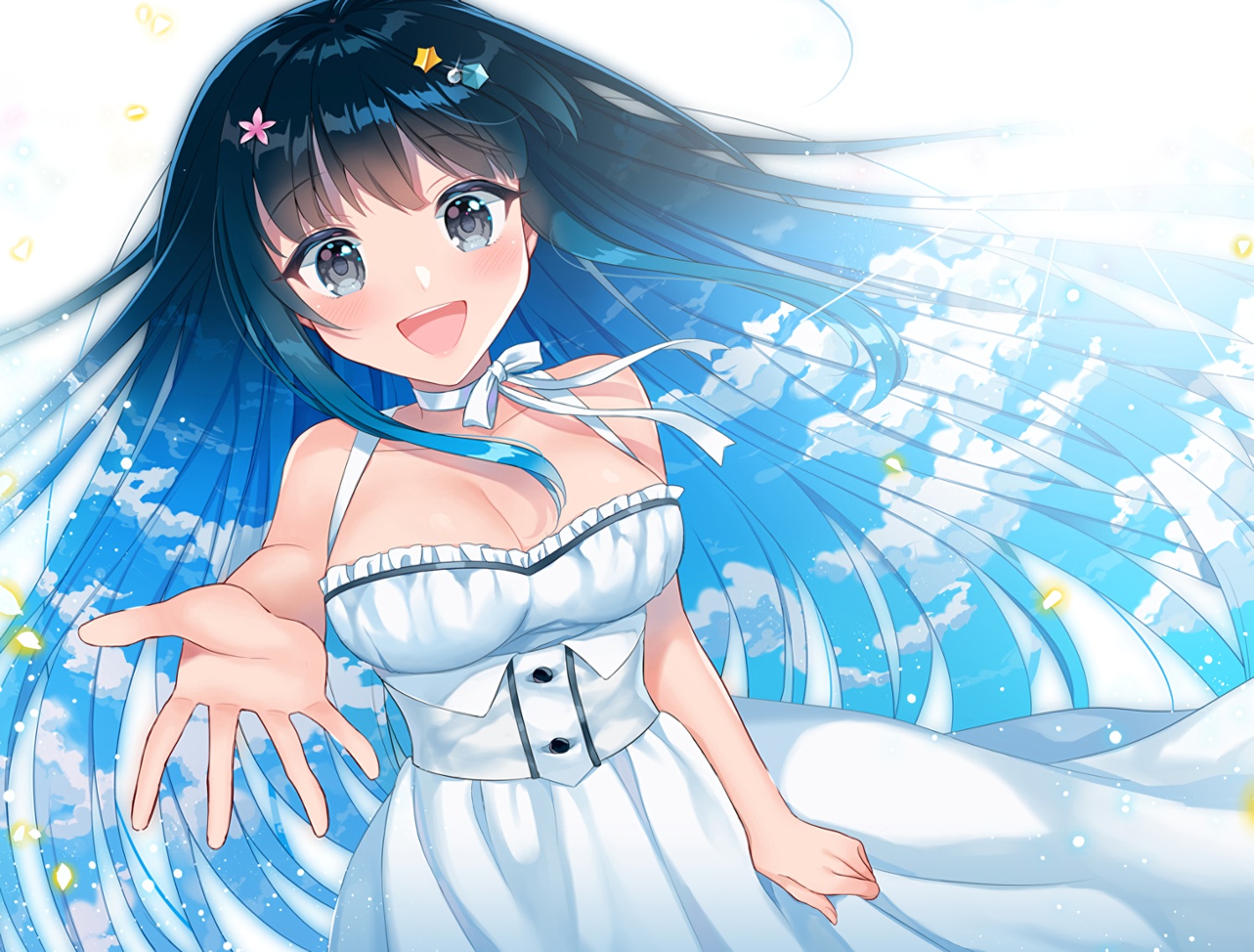 black_hair, blush, bow, breasts, choker, cleavage, clouds, dress