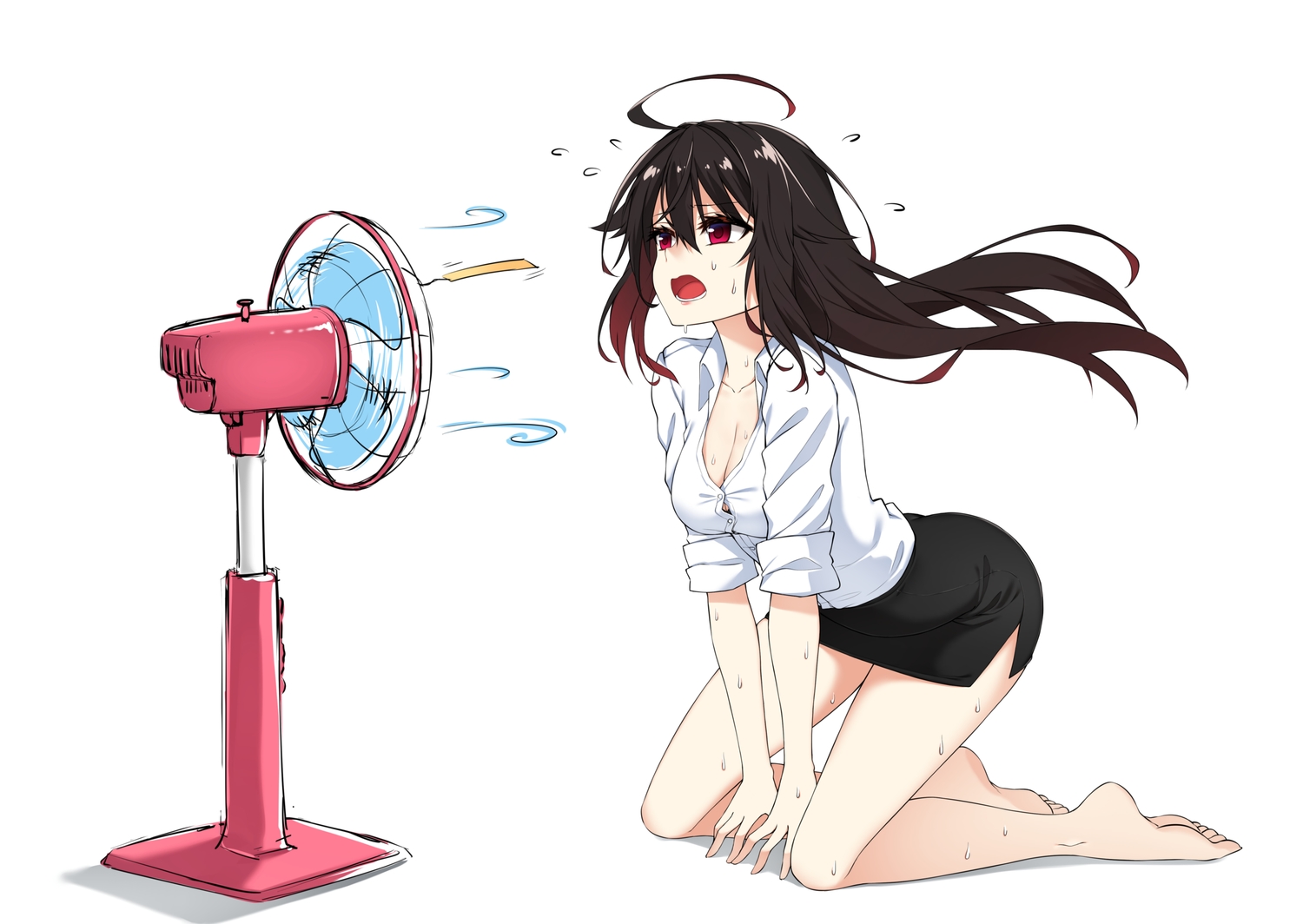 barefoot, black_hair, breasts, cleavage, fan, helther, long_hair, original
