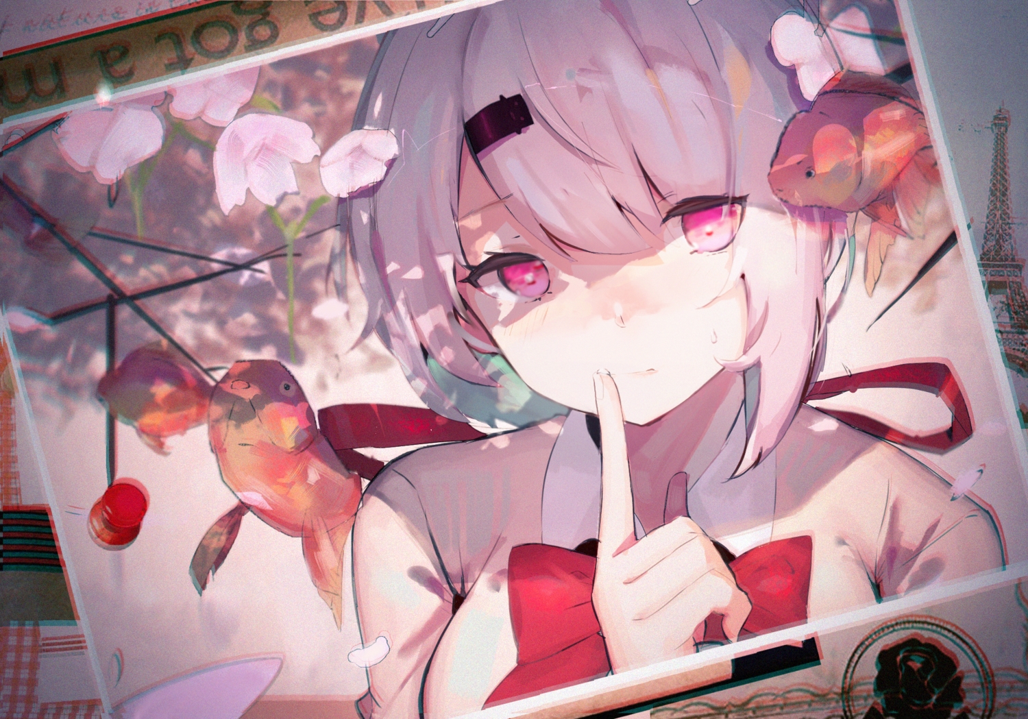 animal, bow, cherry_blossoms, close, fantongjun, fish, flowers, nijisanji