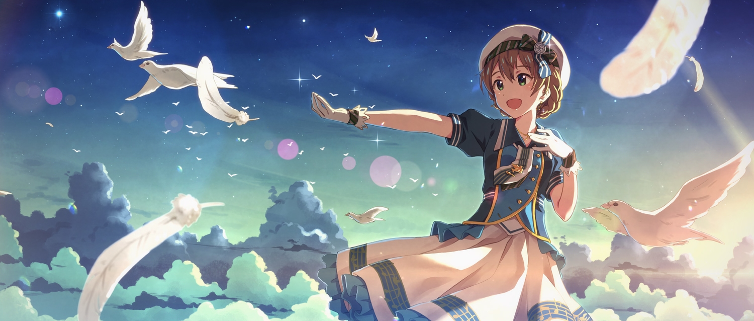 animal, bird, braids, brown_hair, clouds, feathers, gloves, green_eyes