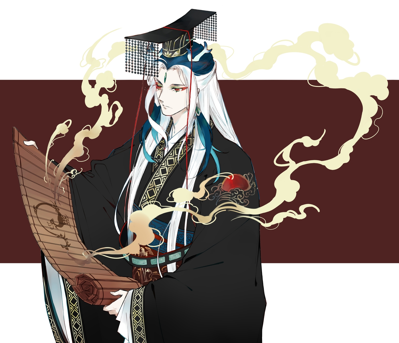 all_male, chinese_clothes, fate/grand_order, fate_(series), headdress, long_hair, male, qin_shi_huang, red_eyes, tagme_(artist), white_hair
