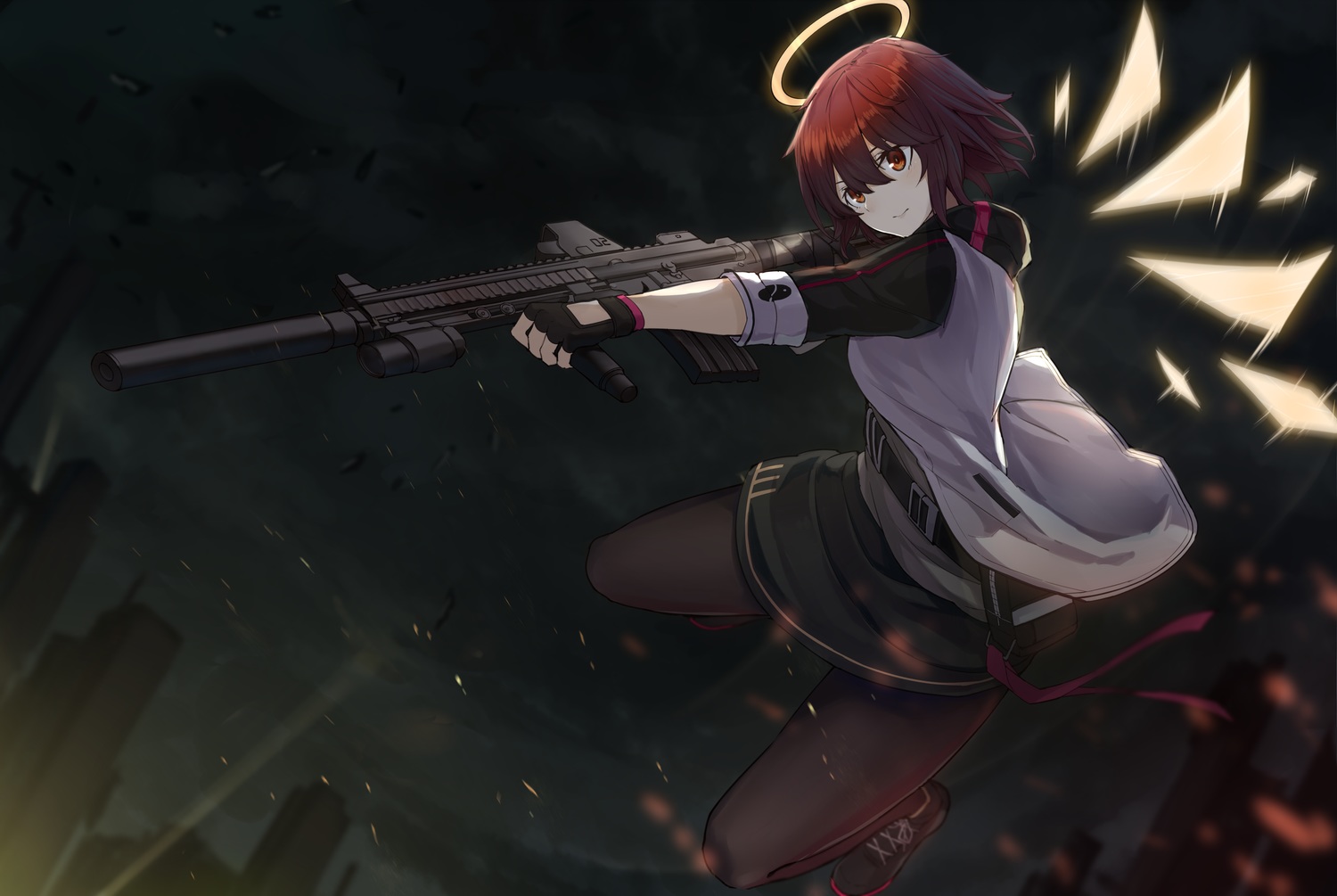 arknights, brown_hair, building, city, clouds, exusiai_(arknights), gloves, gun
