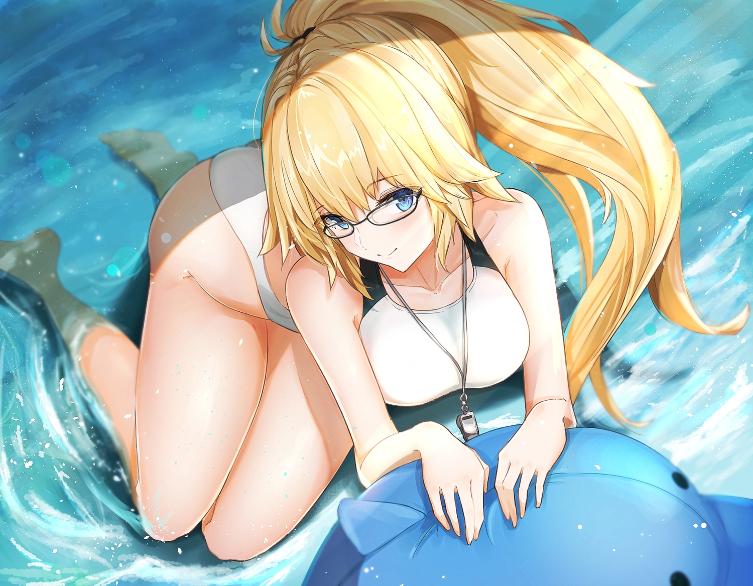 aqua_eyes, barefoot, blonde_hair, fate/grand_order, fate_(series), glasses, gu_luco, jeanne_d'arc_(fate), long_hair, ponytail, swimsuit, water