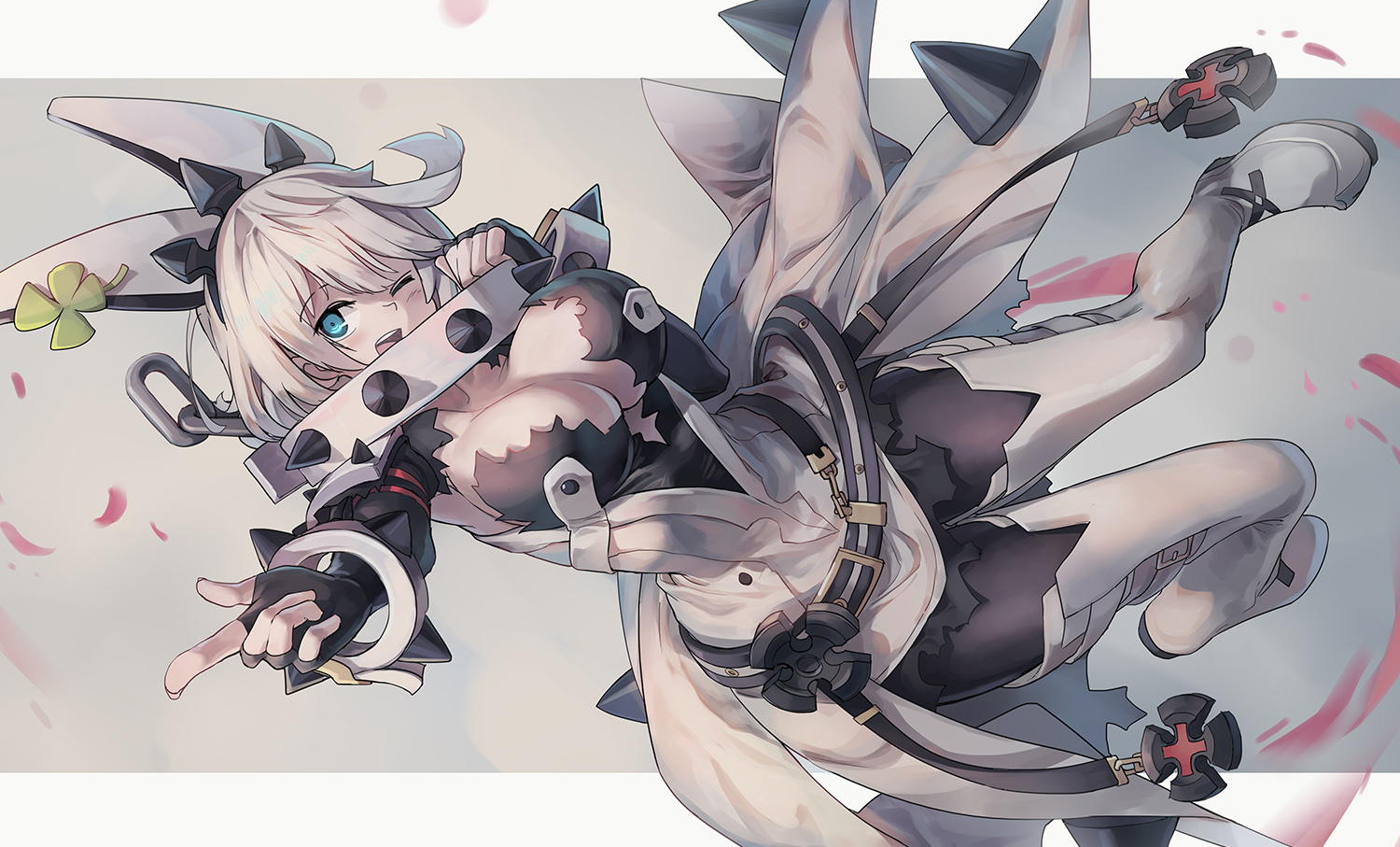 aqua_eyes, boots, breasts, chain, cleavage, collar, dress, elbow_gloves, elphelt_valentine, gloves, guilty_gear, huanxiang_huifeng, pantyhose, short_hair, torn_clothes, white_hair, wink, wristwear