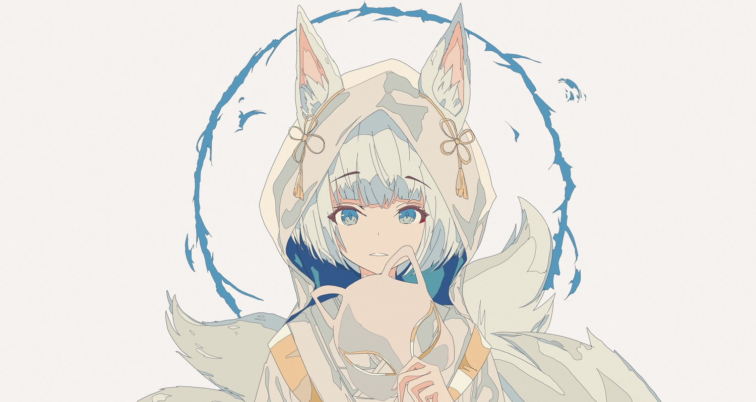 animal_ears, anthropomorphism, aqua_eyes, azur_lane, foxgirl, hood, japanese_clothes, juna_(sir_mfmf), kaga_(azur_lane), kimono, mask, multiple_tails, short_hair, tail, wedding_attire, white_hair