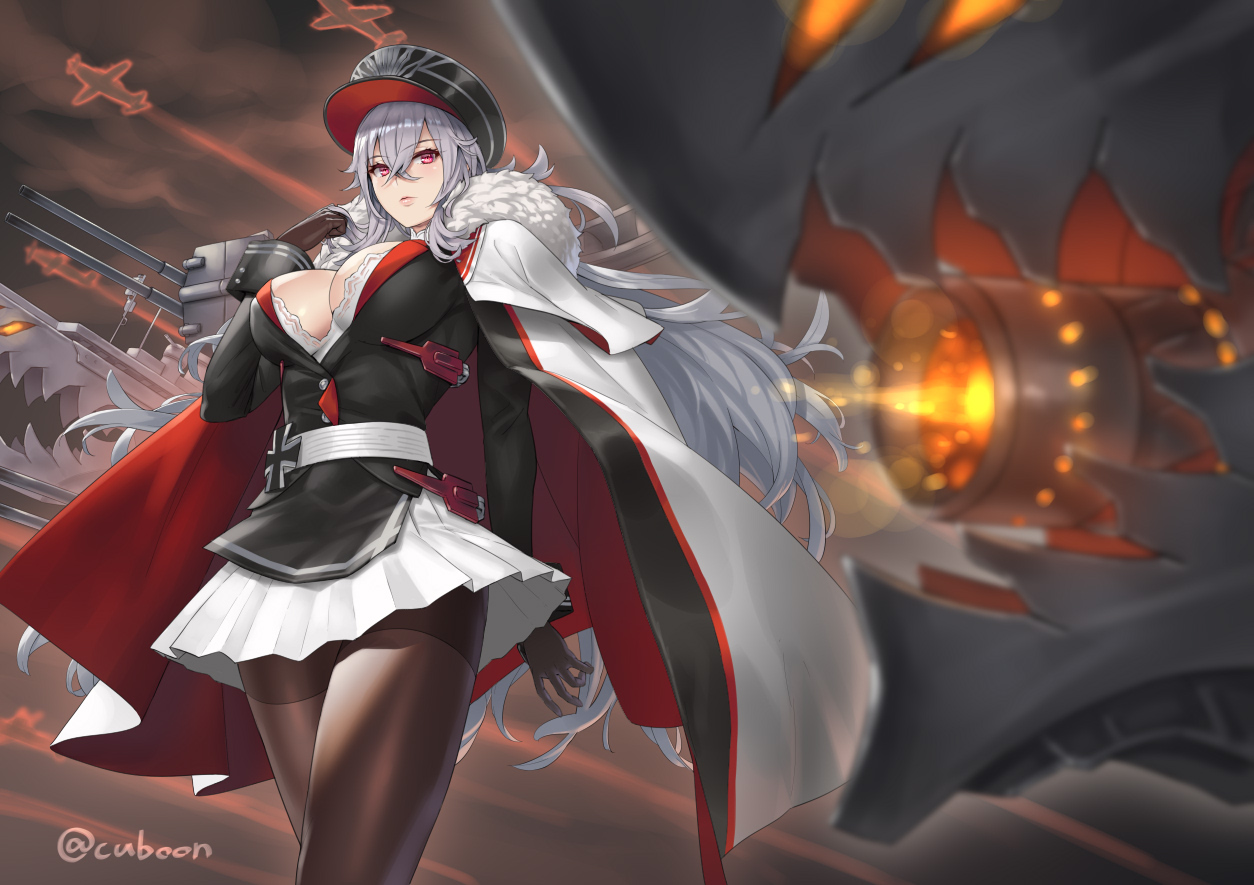aircraft, anthropomorphism, azur_lane, breasts, cape, cleavage, clouds, cuboon