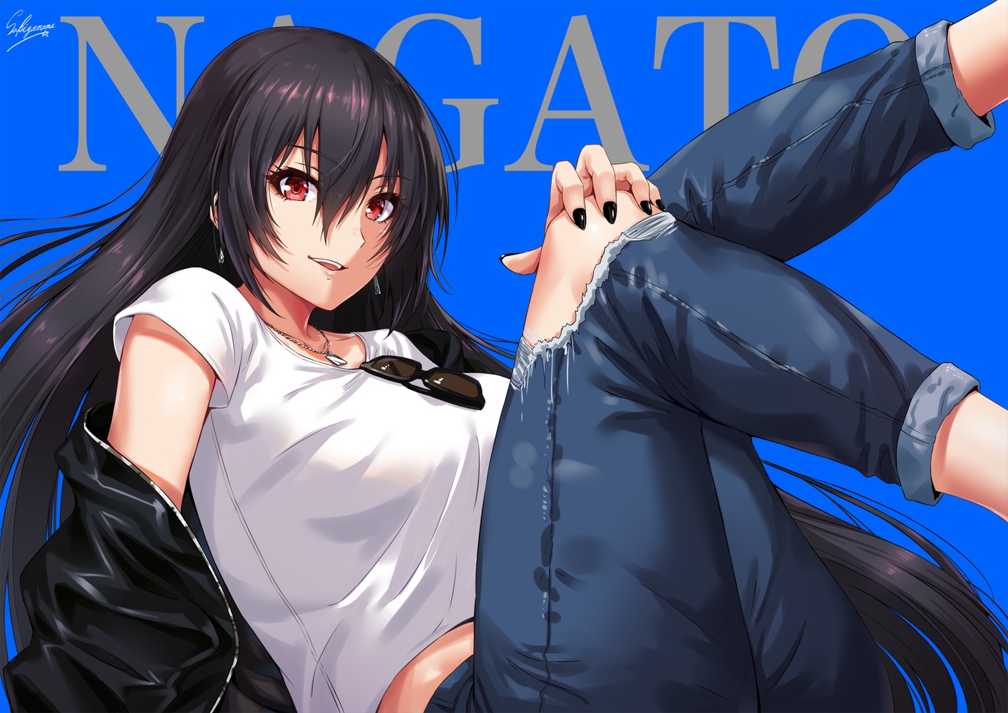 anthropomorphism, black_hair, blue, kantai_collection, long_hair, nagato_(kancolle), necklace, red_eyes