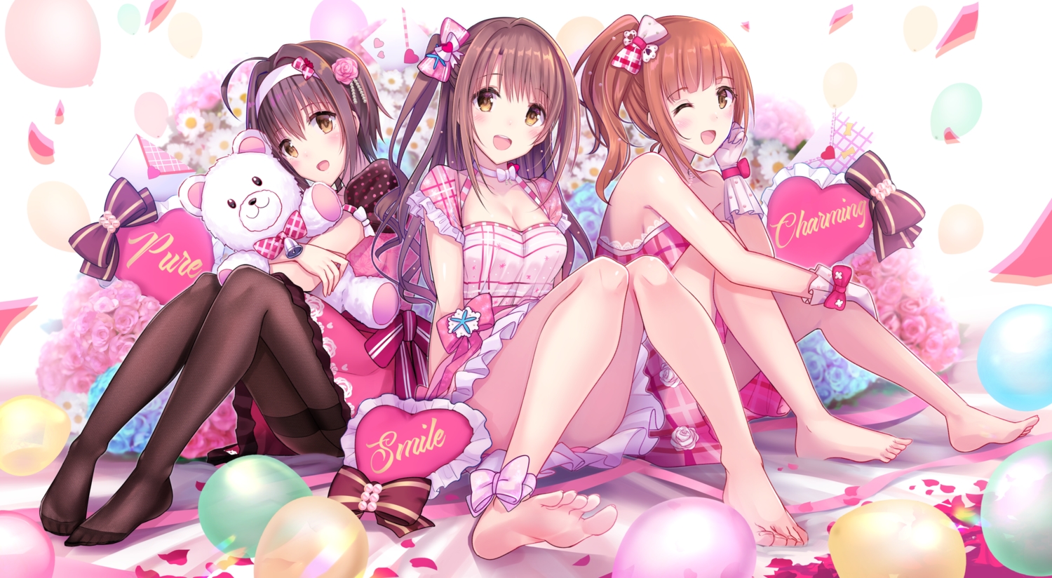 barefoot, blush, bow, breasts, brown_eyes, brown_hair, cleavage, flowers