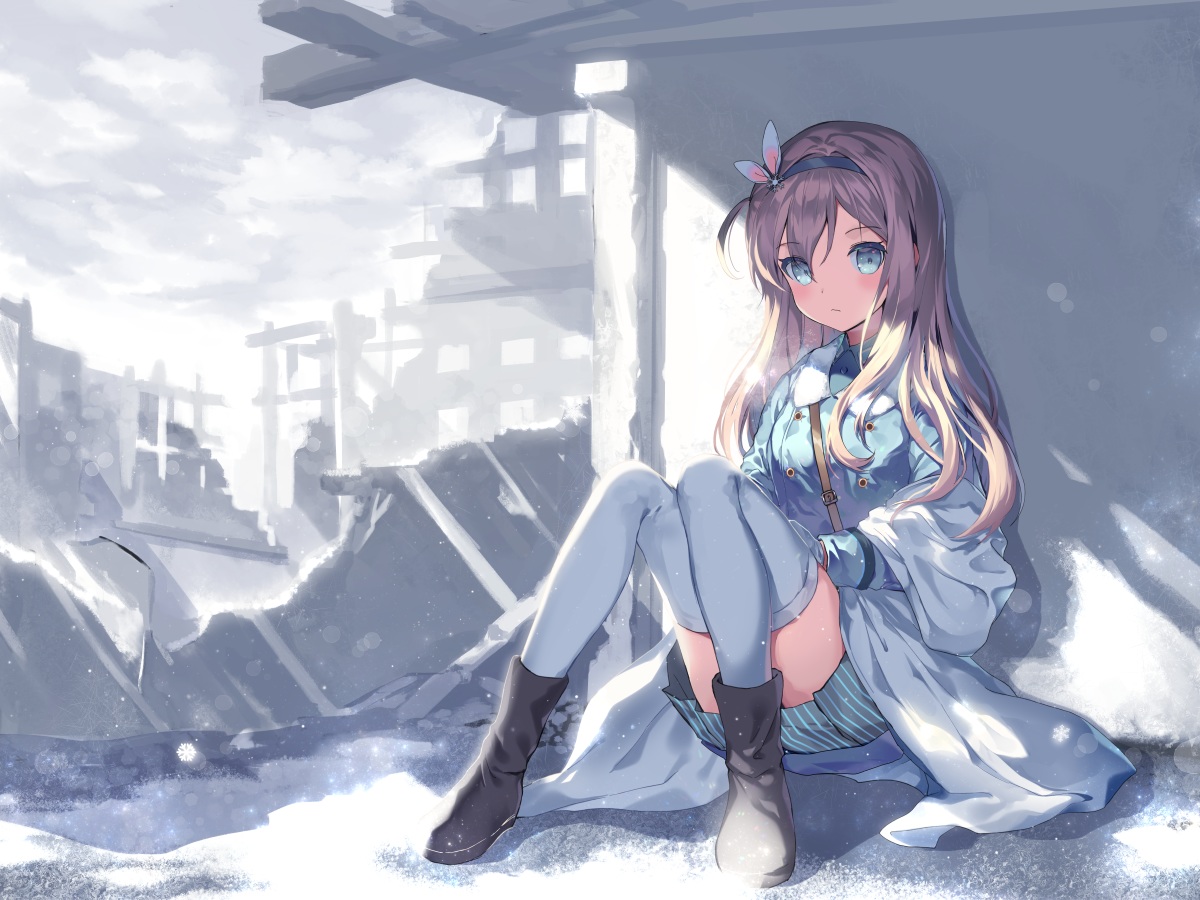 anthropomorphism, aqua_eyes, blonde_hair, boots, girls_frontline, headband, long_hair, mechuragi, ruins, skirt, suomi_(girls_frontline), thighhighs