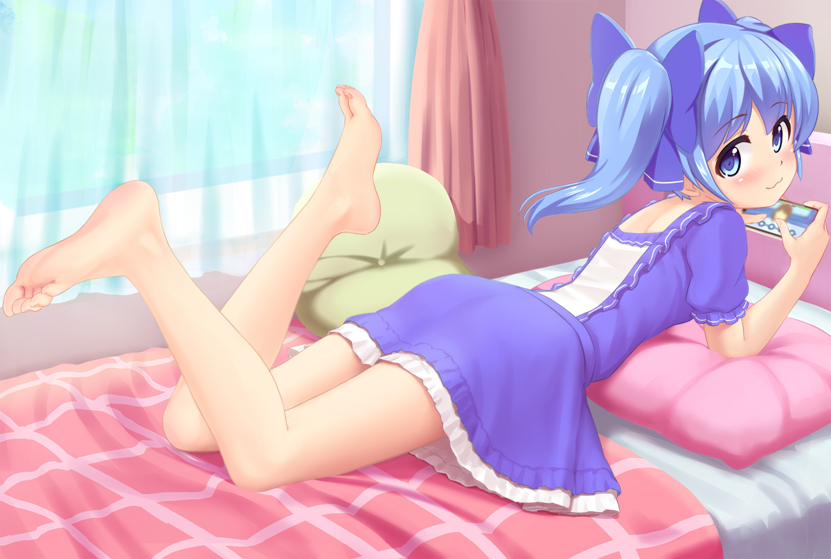 barefoot, bed, blue_eyes, blue_hair, blush, cat_smile, dress, jpeg_artifacts, loli, long_hair, nijisanji, phone, sakuranoyukke, twintails, yuuki_chihiro