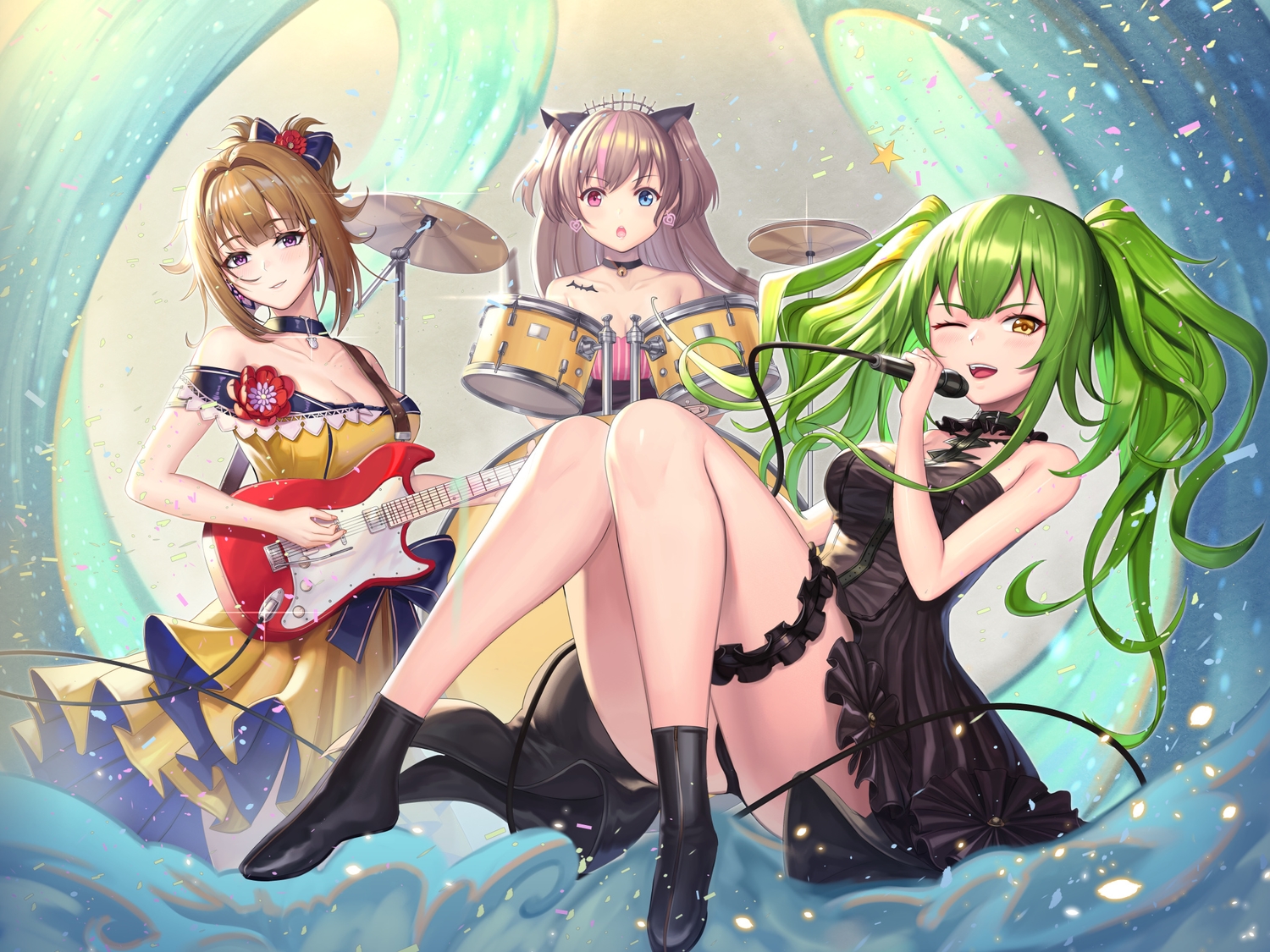 animal_ears, anthropomorphism, bicolored_eyes, dress, garter, girls_frontline, grizzly_mkv_(girls_frontline), guitar