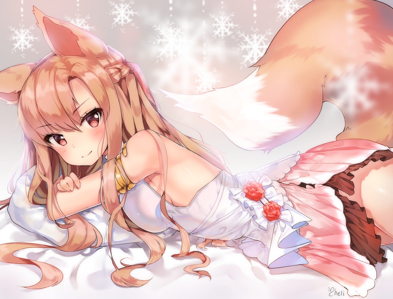 animal_ears, bed, blonde_hair, braids, breasts, brown_eyes, cheli_(kso1564), foxgirl, long_hair, mabinogi, skirt, tail