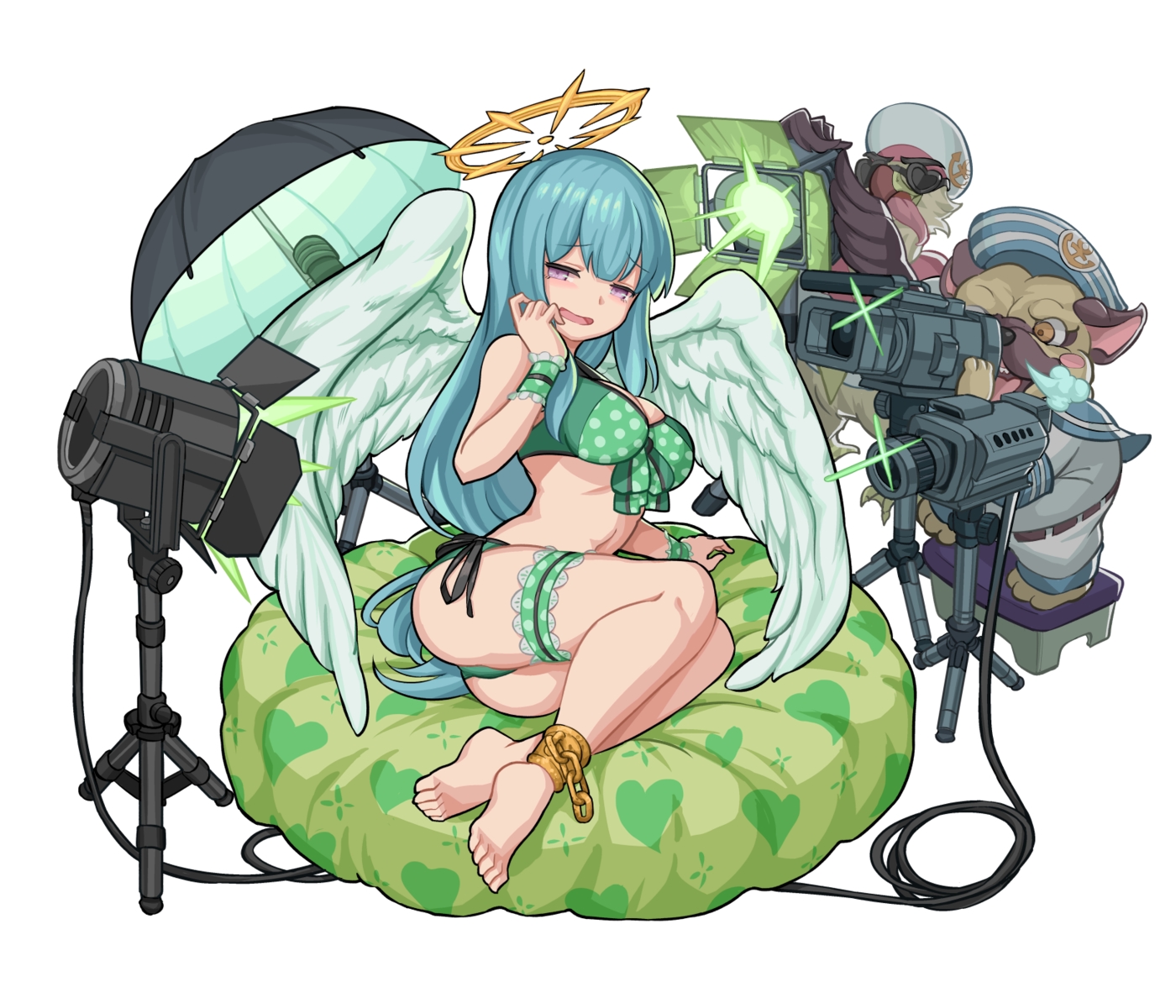 angel, animal, ass, barefoot, bikini, bird, blue_hair, breasts, camera, chain, cleavage, dog, garter, halo, hei_niao, long_hair, monster_strike, navel, purple_eyes, raphael_(monsuto), shackles, swimsuit, umbrella, wings, wristwear