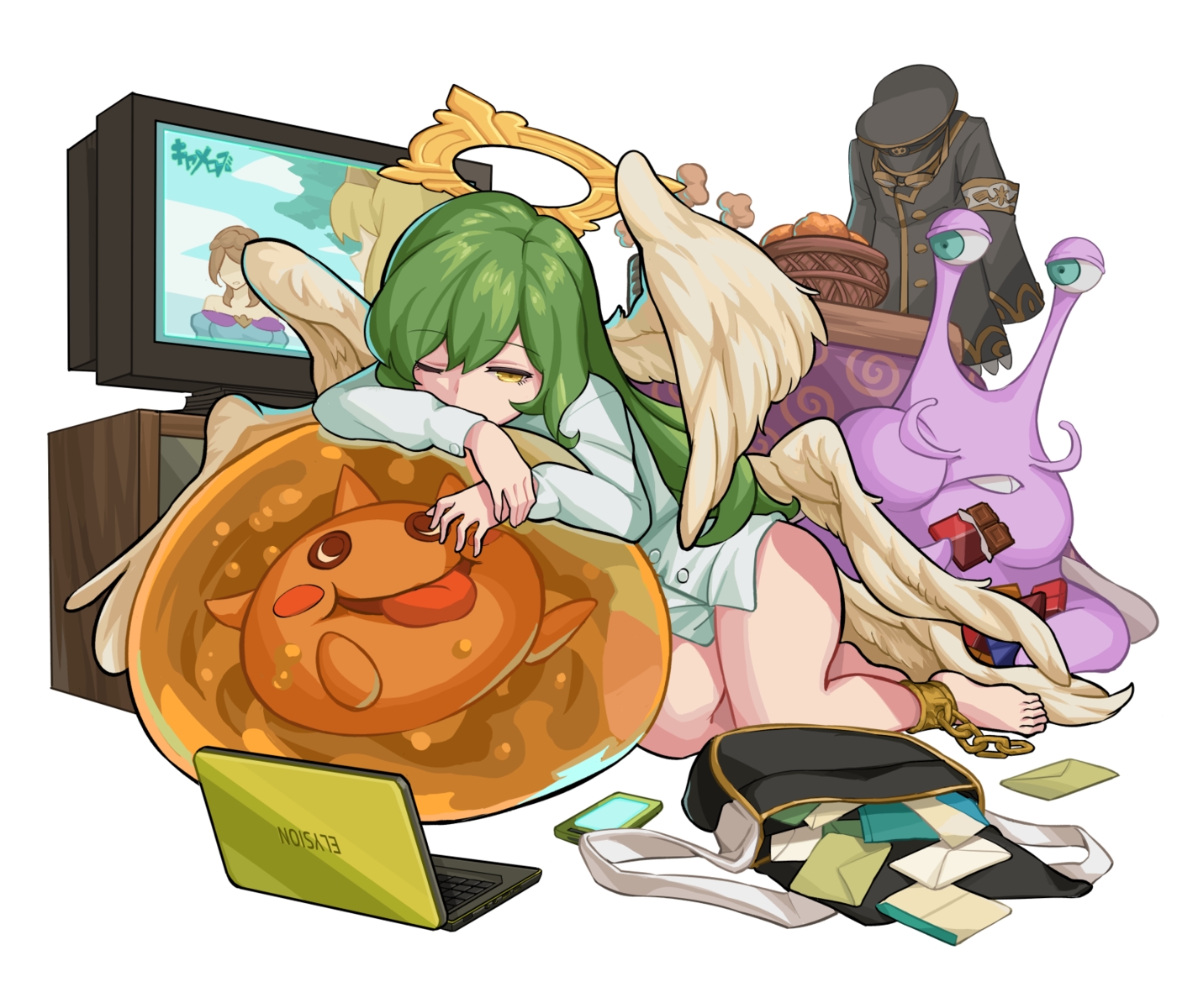 angel, barefoot, candy, chain, chocolate, computer, food, fruit, gabriel_(monsuto), green_hair, halo, hei_niao, kotatsu, long_hair, monster_strike, orange_(fruit), paper, shackles, shirt, white, wings, wink, yellow_eyes