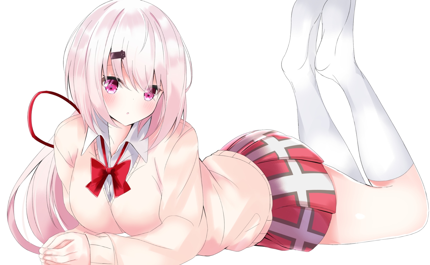 blush, bow, kneehighs, long_hair, nijisanji, pink_hair, ponytail, purple_eyes