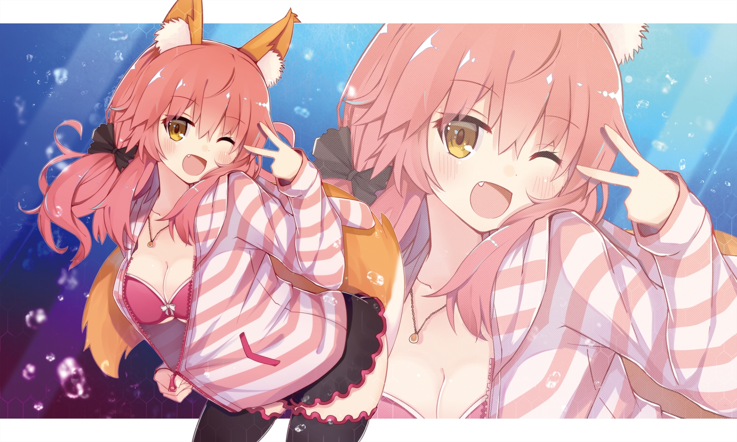 animal_ears, bikini_top, blush, breasts, cleavage, fang, fate/extra, fate_(series), foxgirl, hood, koga_rejini, long_hair, necklace, pink_hair, tail, tamamo_no_mae_(fate), thighhighs, wink, yellow_eyes, zoom_layer
