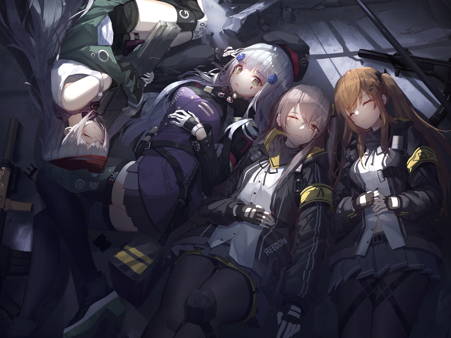 anthropomorphism, brown_eyes, brown_hair, g11_(girls_frontline), girls_frontline, gloves, green_eyes, group