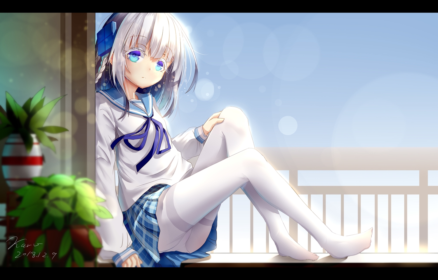 anthropomorphism, aqua_eyes, braids, karv, madobe_touko, pantyhose, school_uniform, short_hair, signed, white_hair, windows
