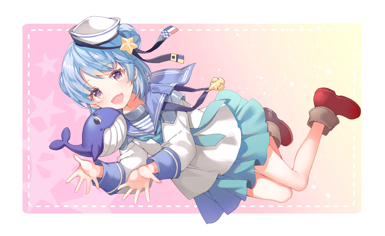 animal, anthropomorphism, blue_hair, boots, brown_eyes, fang, fish, hat