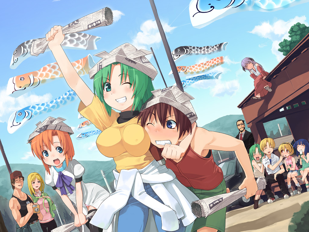 furude_rika, hanyuu, higurashi_no_naku_koro_ni, houjou_satoko, houjou_satoshi, kasai_tatsuyoshi, maebara_keiichi, ryuuguu_rena, sonozaki_mion, sonozaki_shion, takano_miyo, tomitake_jirou