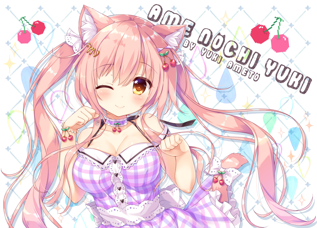 ameto_yuki, animal_ears, blush, breasts, catgirl, cherry, cleavage, dress, food, fruit, long_hair, macaron_(ameto_yuki), orange_eyes, original, pink_hair, tail, twintails, watermark, wink, wristwear