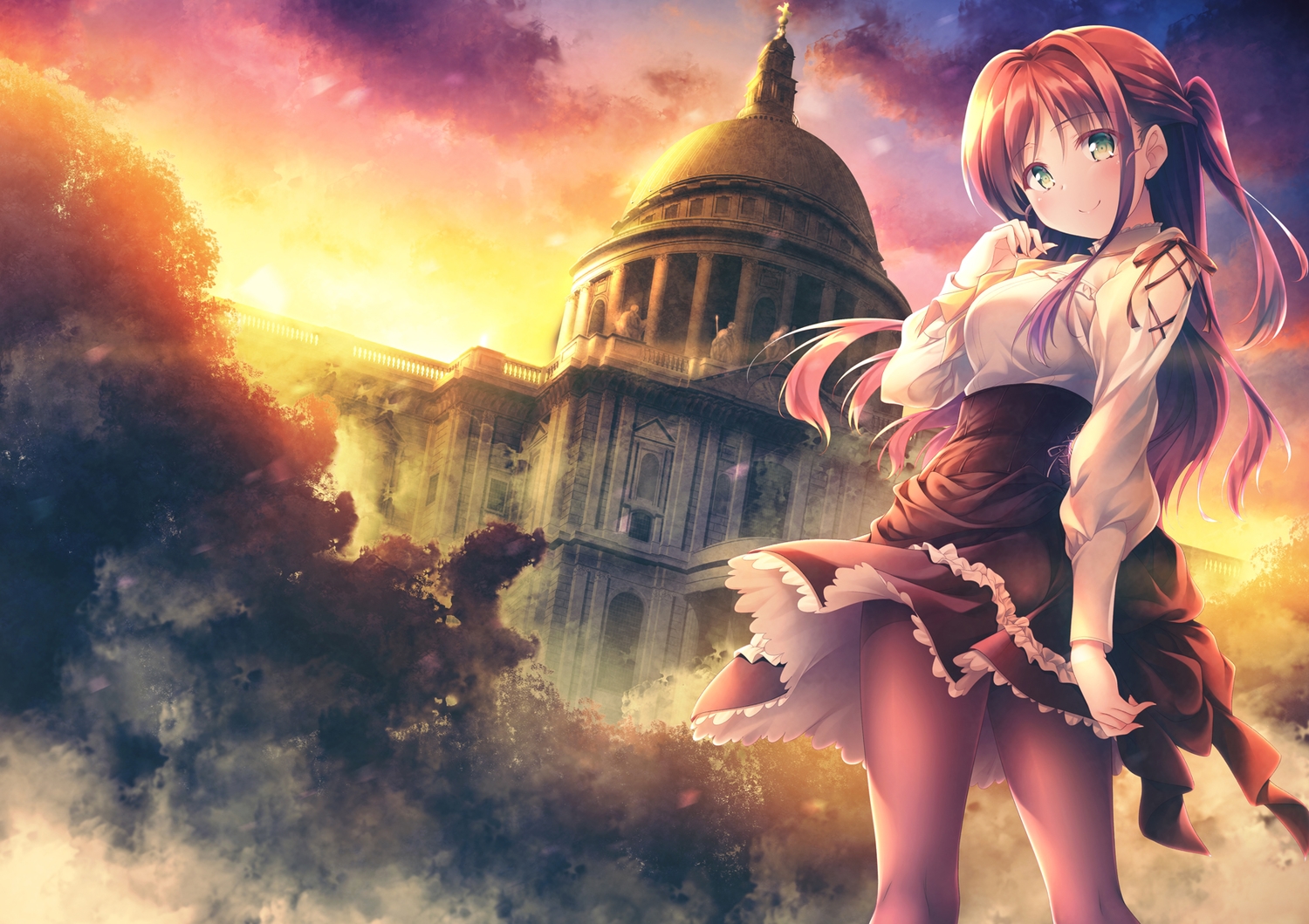 building, clouds, green_eyes, long_hair, original, pantyhose, ponytail, skirt