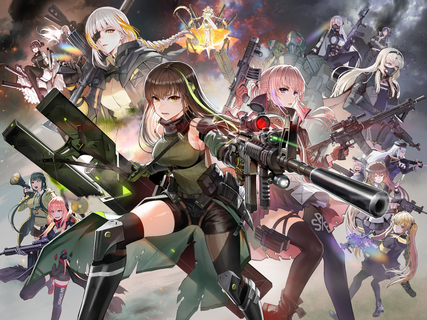 agent_(girls_frontline), ak12_(girls_frontline), an94_(girls_frontline), angelia_(girls_frontline), anthropomorphism, bicolored_eyes, boots, braids, breasts, brown_eyes, brown_hair, elisa_(girls_frontline), g11_(girls_frontline), girls_frontline, gloves, group, gun, hat, hk416_(girls_frontline), long_hair, m16a1_(girls_frontline), m4a1_(girls_frontline), m4_sopmod_ii_(girls_frontline), nyto_polarday_(girls_frontline), pantyhose, pink_hair, ponytail, purple_eyes, red_eyes, ro635_(girls_frontline), shorts, skirt, st_ar-15_(girls_frontline), taesi, thighhighs, twintails, ump-45_(girls_frontline), ump-9_(girls_frontline), weapon, white_hair, wink, yellow_eyes