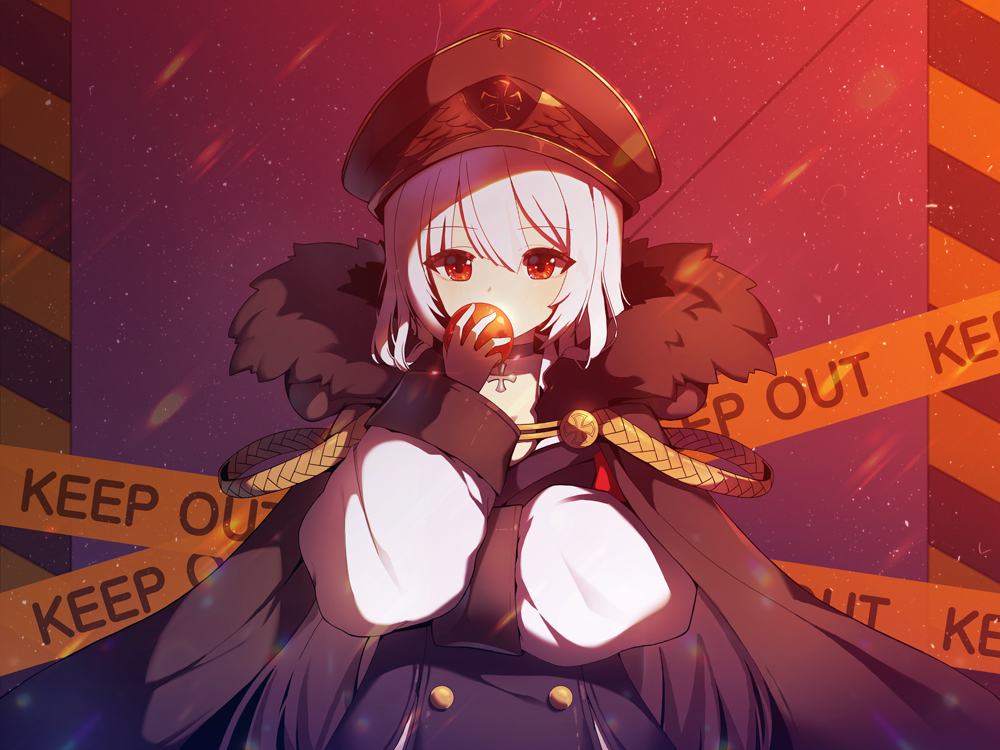 anthropomorphism, apple, cape, food, fruit, girls_frontline, hat, kar98k_(girls_frontline), red_eyes, tp_(kido_94)