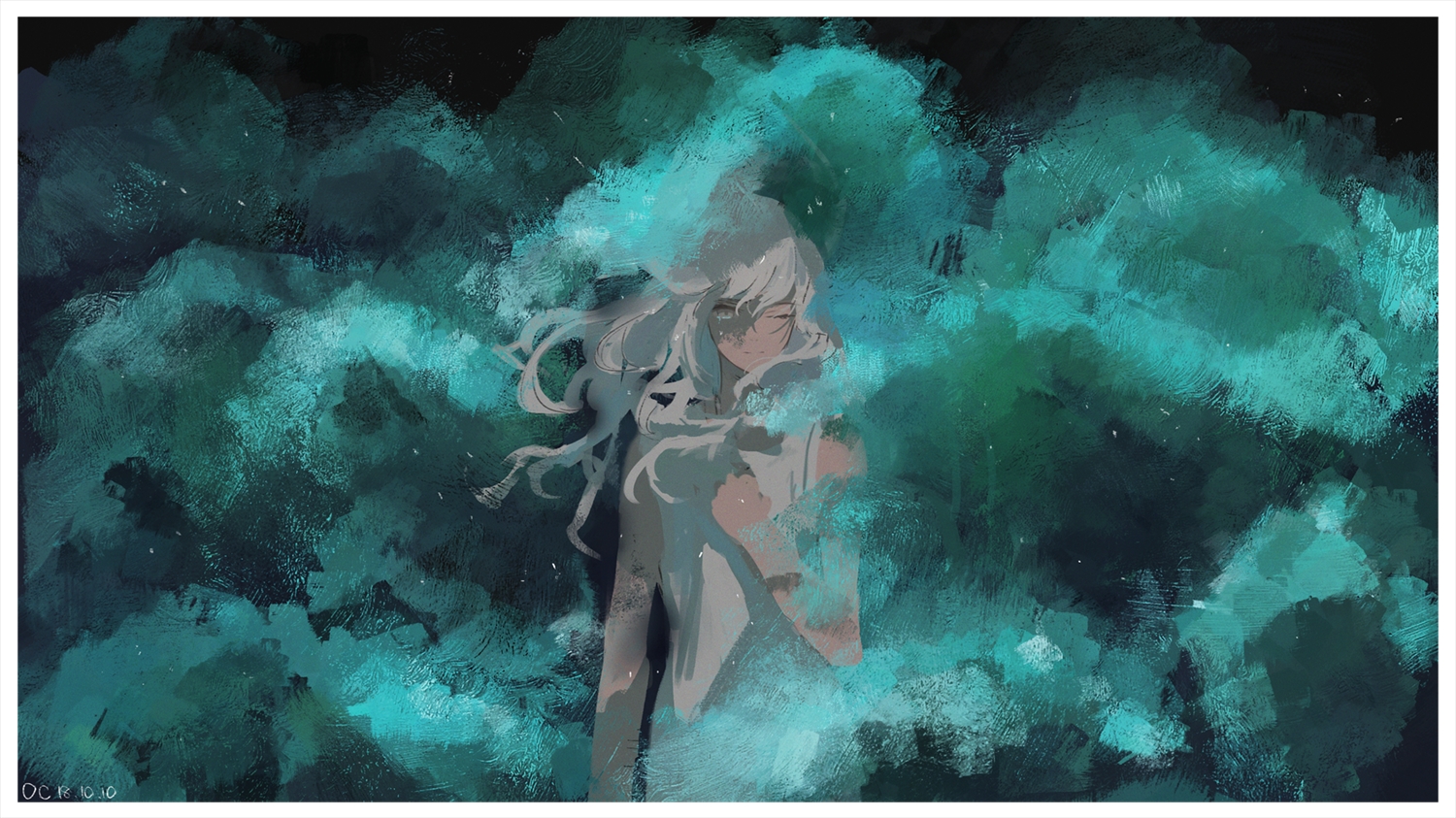 dress, gray_eyes, green, long_hair, original, reido_(reido_c), summer_dress, white_hair