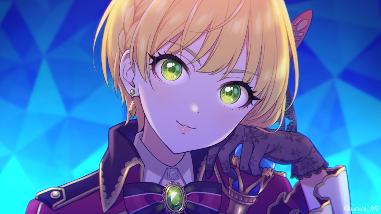 agata_(agatha), blonde_hair, blue, bow, braids, close, gloves, green_eyes, idolmaster, idolmaster_cinderella_girls, miyamoto_frederica, short_hair, staff