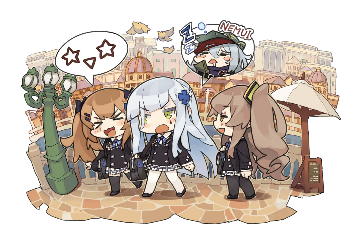 animal, anthropomorphism, bird, brown_hair, building, cat_smile, chibi, city, g11_(girls_frontline), girls_frontline, gray_hair, green_eyes, hat, hk416_(girls_frontline), itsuki_tasuku, long_hair, pantyhose, scar, school_uniform, skirt, sleeping, tattoo, thighhighs, twintails, ump-45_(girls_frontline), ump-9_(girls_frontline), water