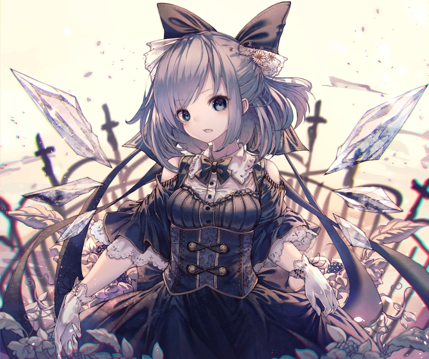blue_eyes, blue_hair, bow, cirno, dress, fairy, fang, gloves, goth-loli, hito_komoru, lolita_fashion, short_hair, touhou, wings