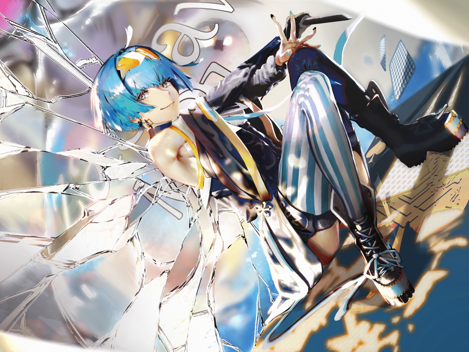 anthropomorphism, aqua_hair, boots, girls_frontline, knife, short_hair, thighhighs, waterswing