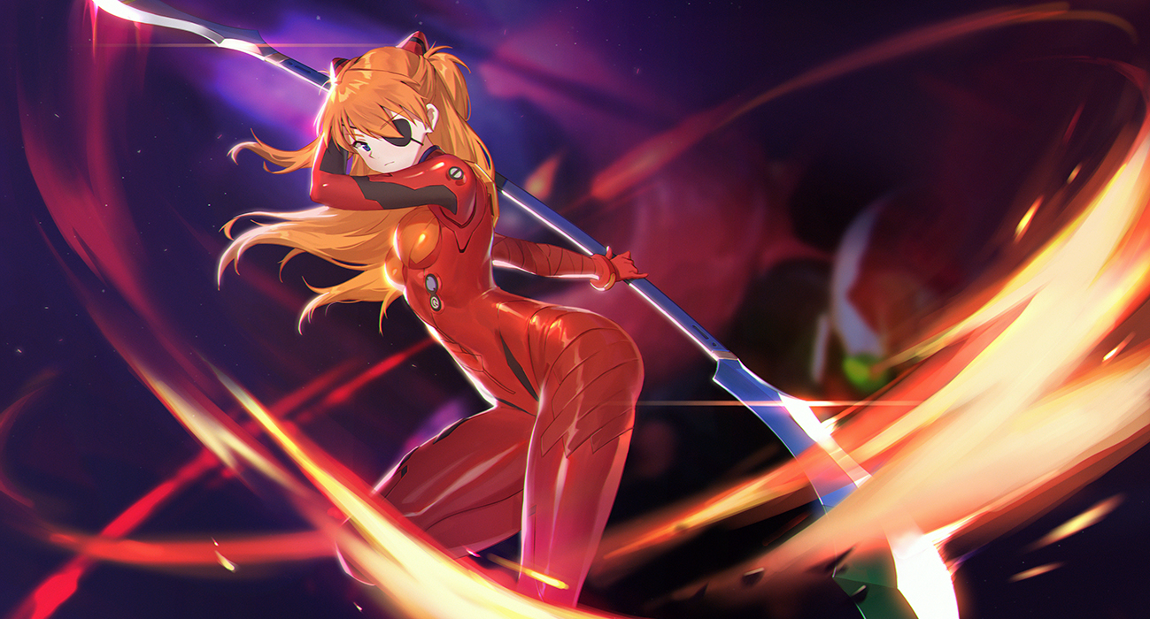 blue_eyes, bodysuit, eyepatch, long_hair, neon_genesis_evangelion, orange_hair, skintight, smile_(mm-l), soryu_asuka_langley, spear, weapon