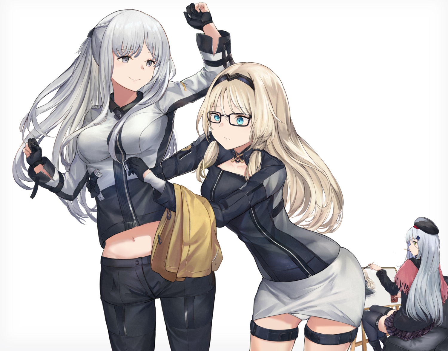 ak12_(girls_frontline), an94_(girls_frontline), anthropomorphism, aqua_eyes, blonde_hair, garter, girls_frontline, glasses