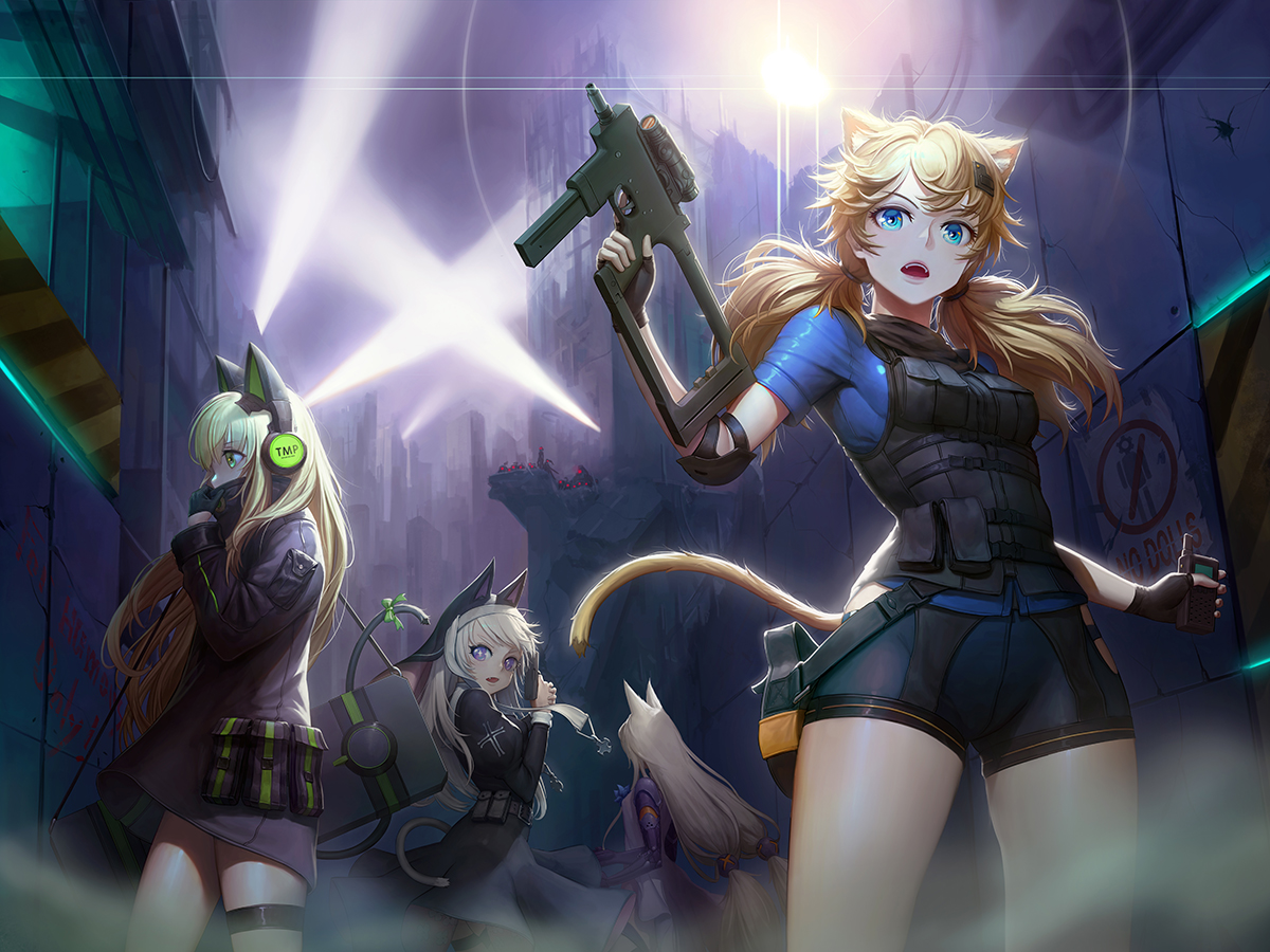 animal_ears, anthropomorphism, aqua_eyes, banajune, blonde_hair, bodysuit, building, catgirl, city, cross, dark, dress, g41_(girls_frontline), garter, girls_frontline, gloves, graffiti, green_eyes, group, gun, headdress, headphones, idw_(girls_frontline), long_hair, night, nun, p7_(girls_frontline), purple_eyes, shorts, tail, tmp_(girls_frontline), twintails, weapon, white_hair