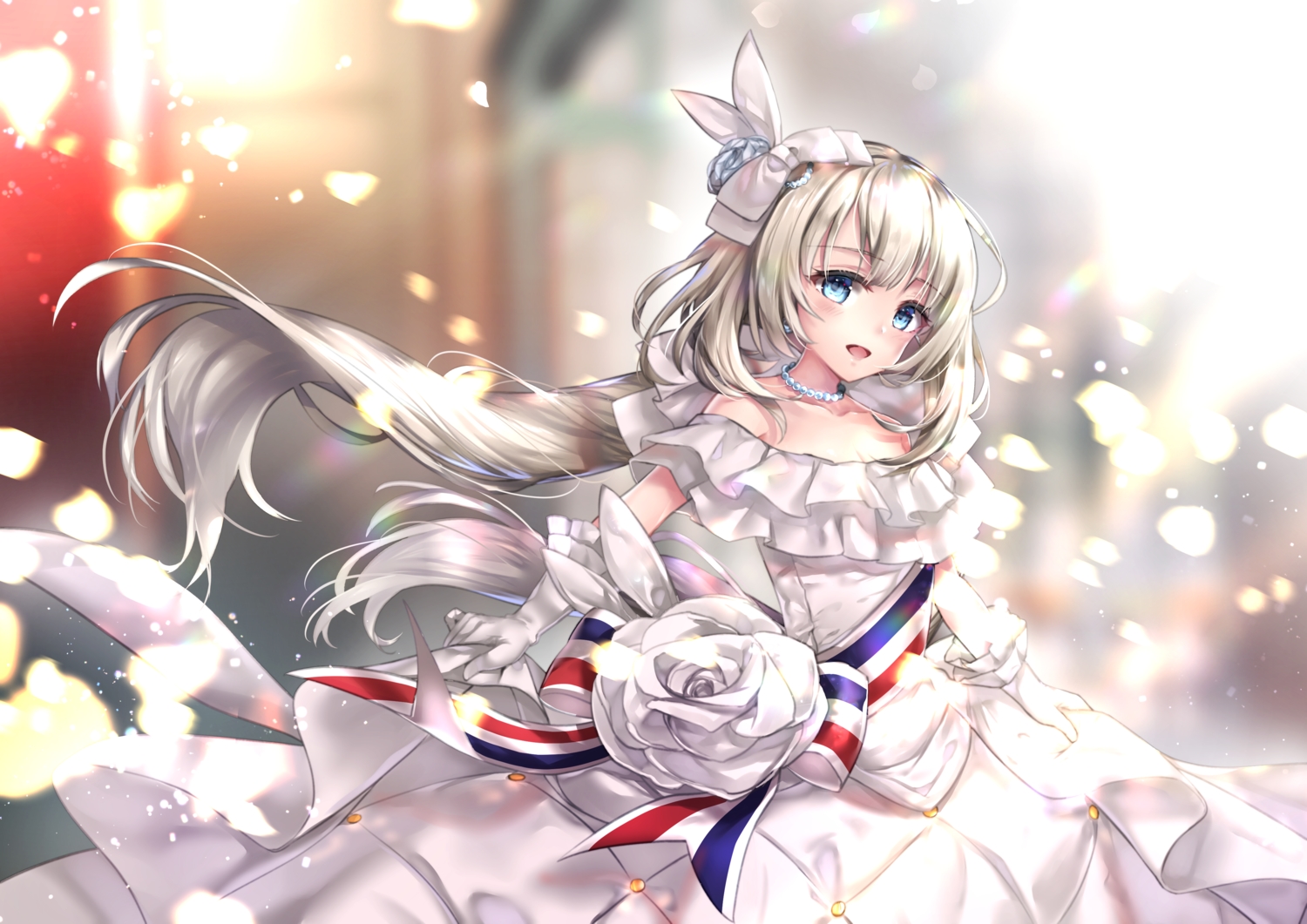 aqua_eyes, blonde_hair, blush, dress, elbow_gloves, fate/grand_order, fate_(series), gloves