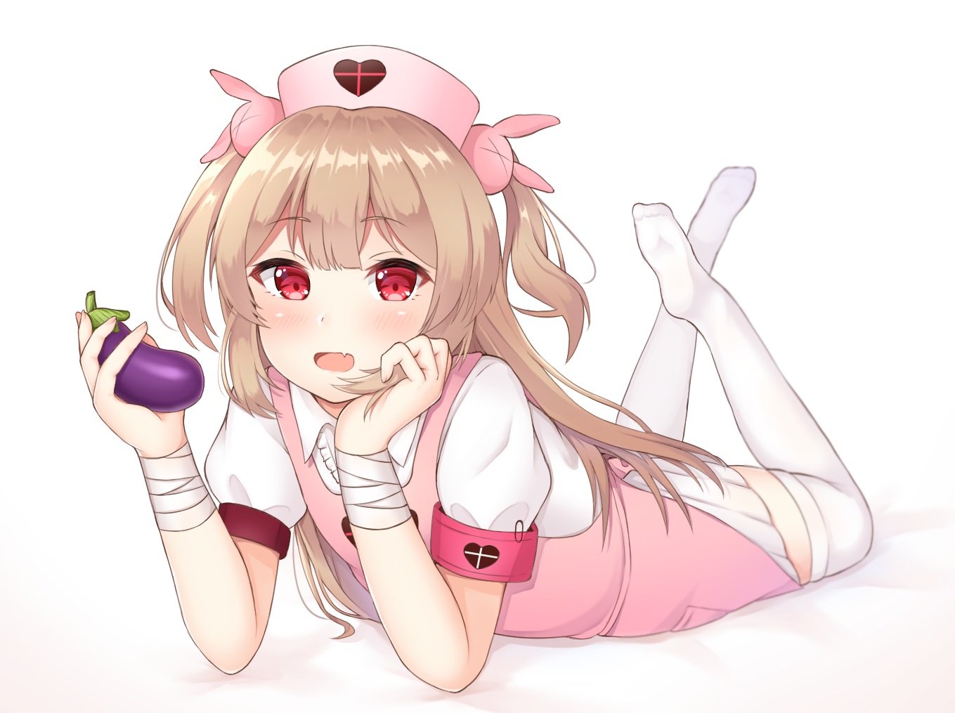 apron, bandage, blush, brown_hair, fang, food, headdress, loli, long_hair, natori_sana, nurse, red_eyes, sana_channel, seventeen_(st17215), skirt, thighhighs, twintails, white, wristwear, zettai_ryouiki