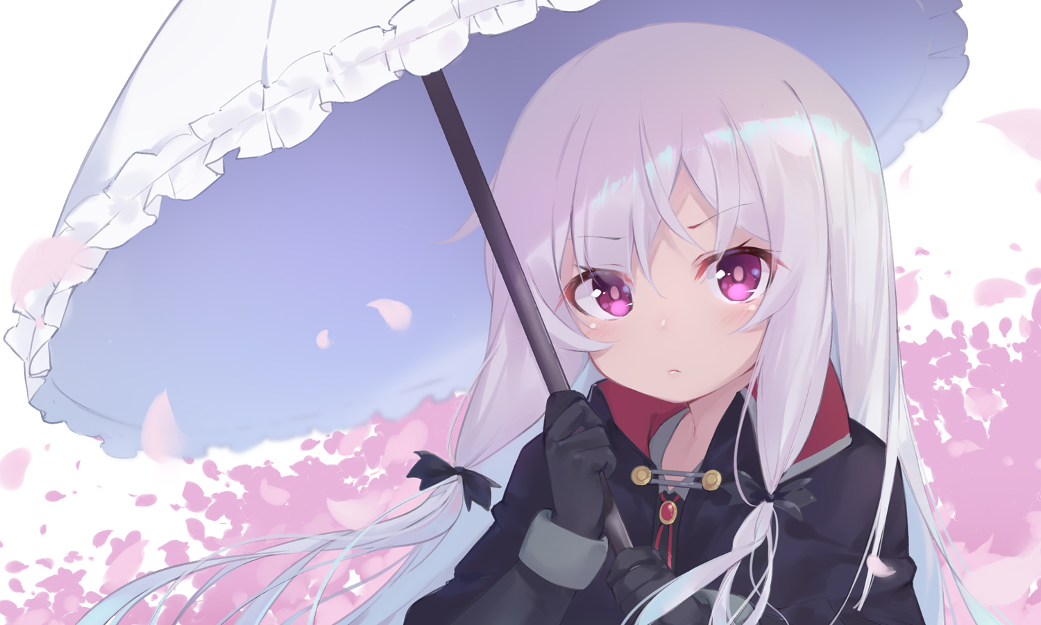 blush, cape, gloves, long_hair, petals, purple_eyes, sophie_twilight, tonari_no_kyuuketsuki-san