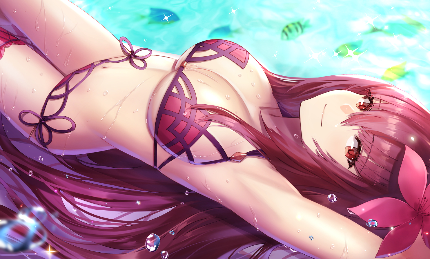 animal, bikini, breasts, cleavage, dolce_(dolsuke), fate/grand_order, fate_(series), fish, flowers, long_hair, purple_hair, red_eyes, scathach_(fate/grand_order), swimsuit, water, wet