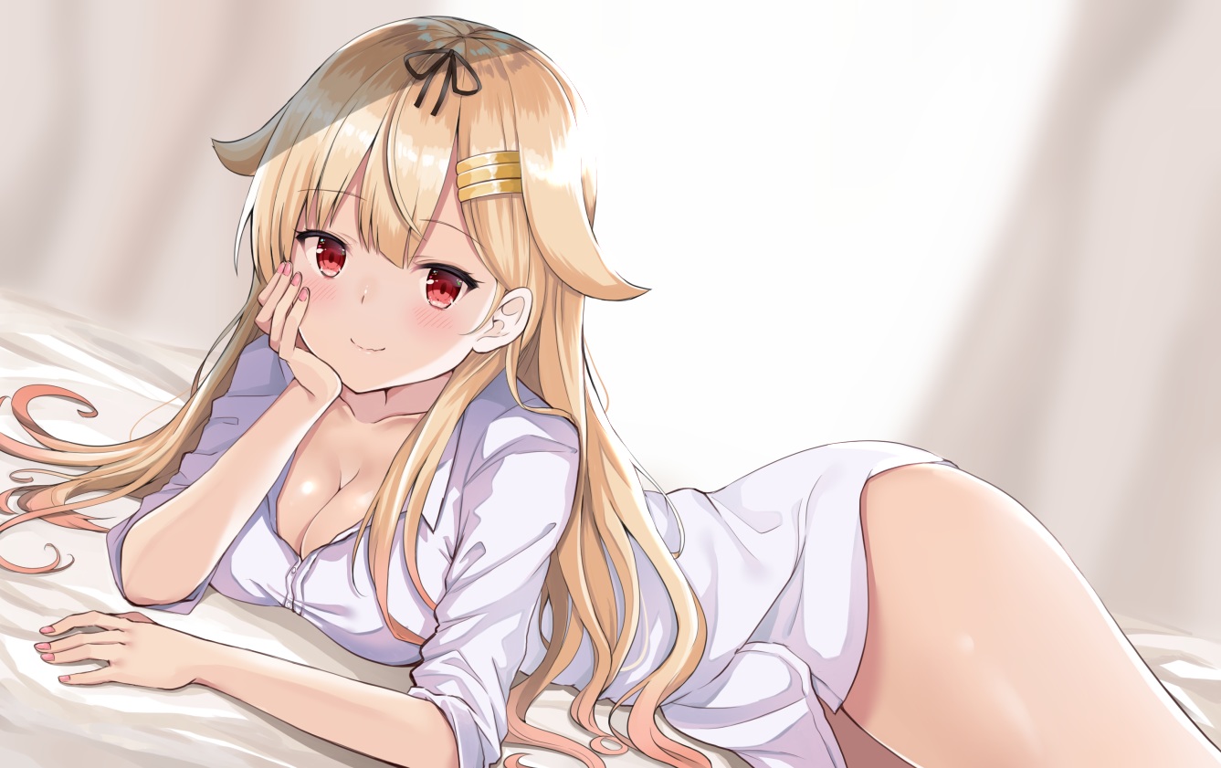 anthropomorphism, bed, blonde_hair, blush, breasts, cleavage, kantai_collection, long_hair