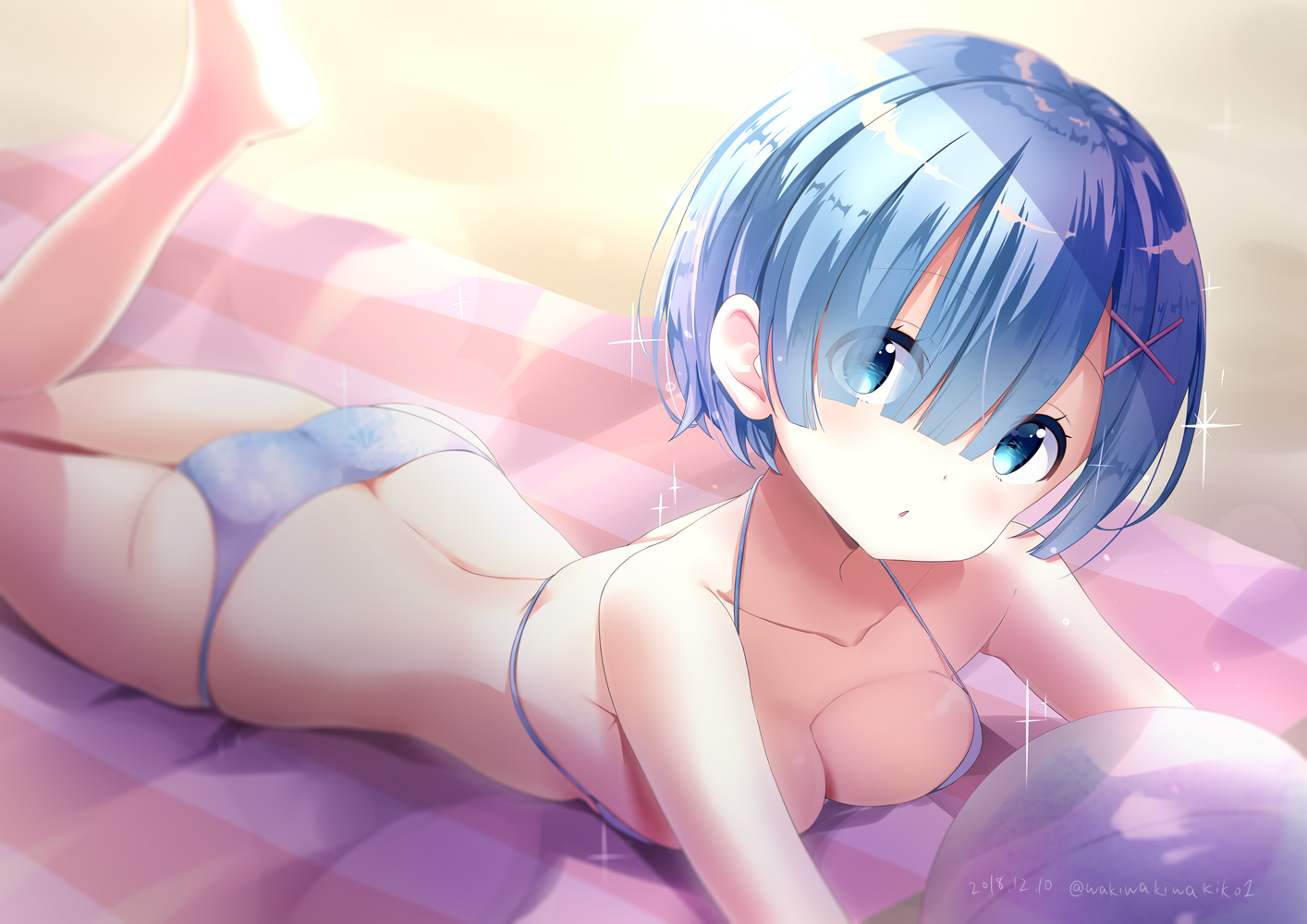 aqua_eyes, aqua_hair, ass, barefoot, bikini, breasts, neki_(wakiko), rem_(re:zero), re:zero_kara_hajimeru_isekai_seikatsu, short_hair, signed, swimsuit
