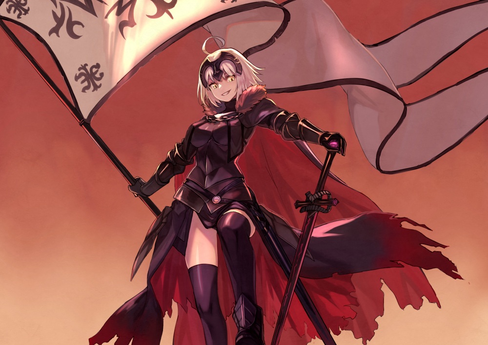 armor, boots, cape, fate/grand_order, fate_(series), gradient, headdress, jeanne_d'arc_alter