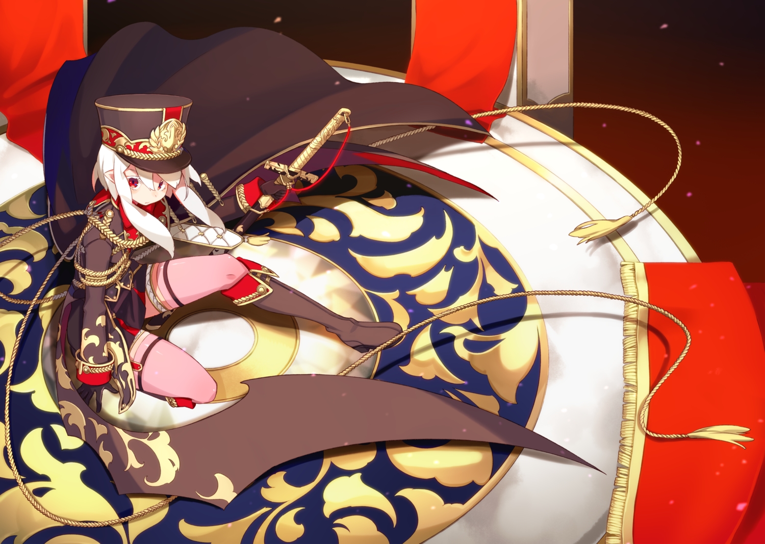 boots, cape, dress, garter, gloves, hat, military, original, pointed_ears, red_eyes, rope, shiomachi, short_hair, sword, uniform, weapon, white_hair