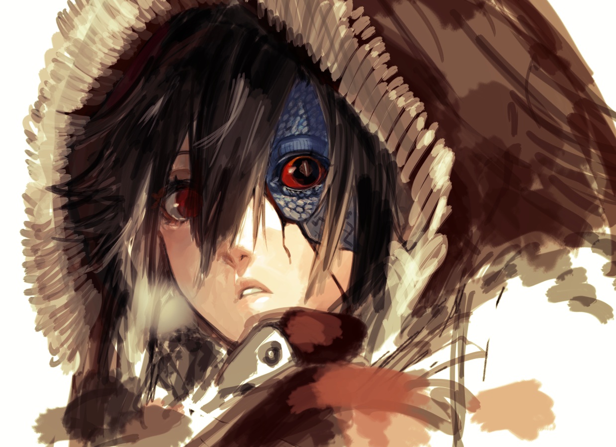 black_hair, close, hood, maido_mido, original, red_eyes, short_hair