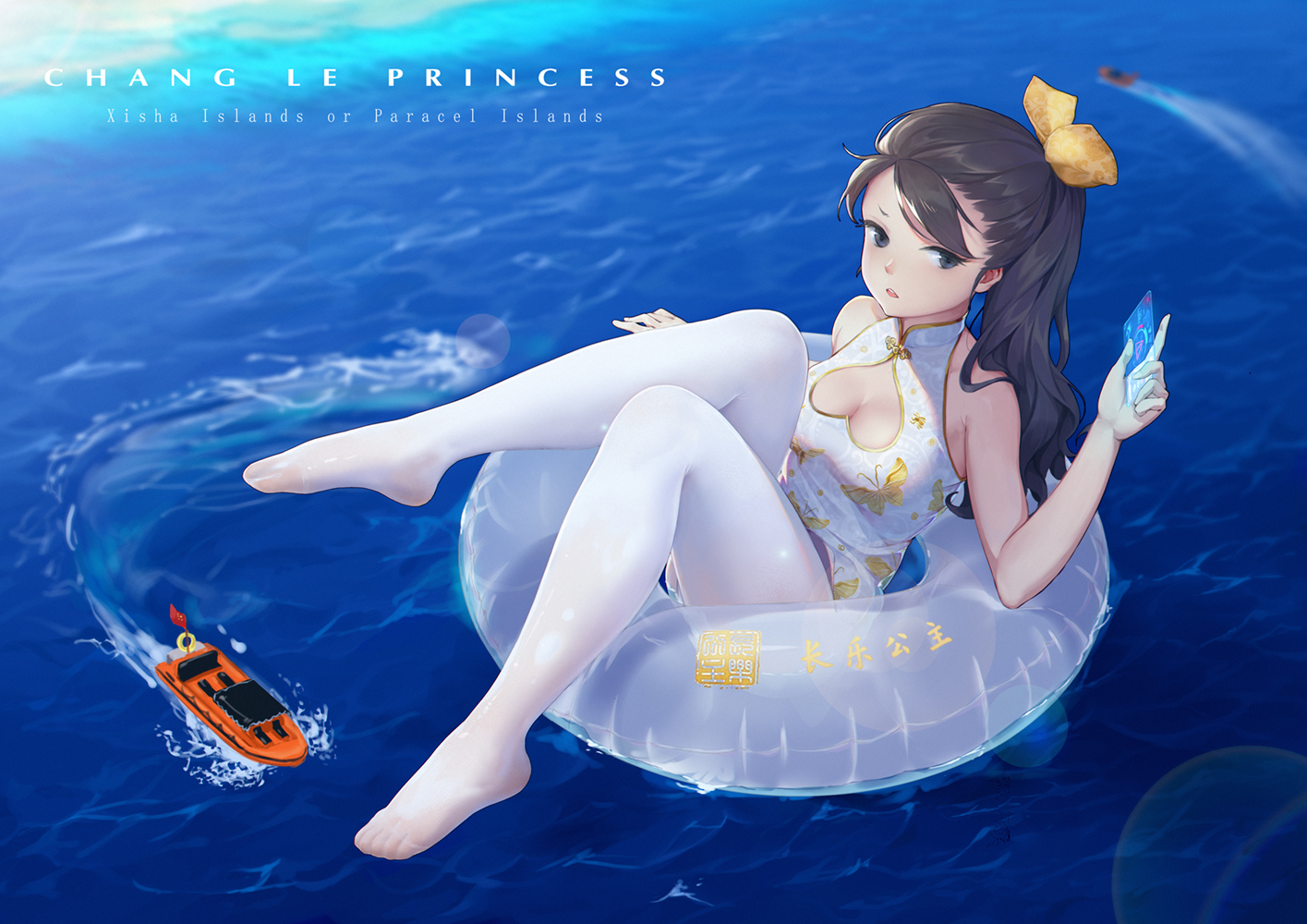 black_eyes, black_hair, boat, breasts, chinese_clothes, chinese_dress, cleavage, dress