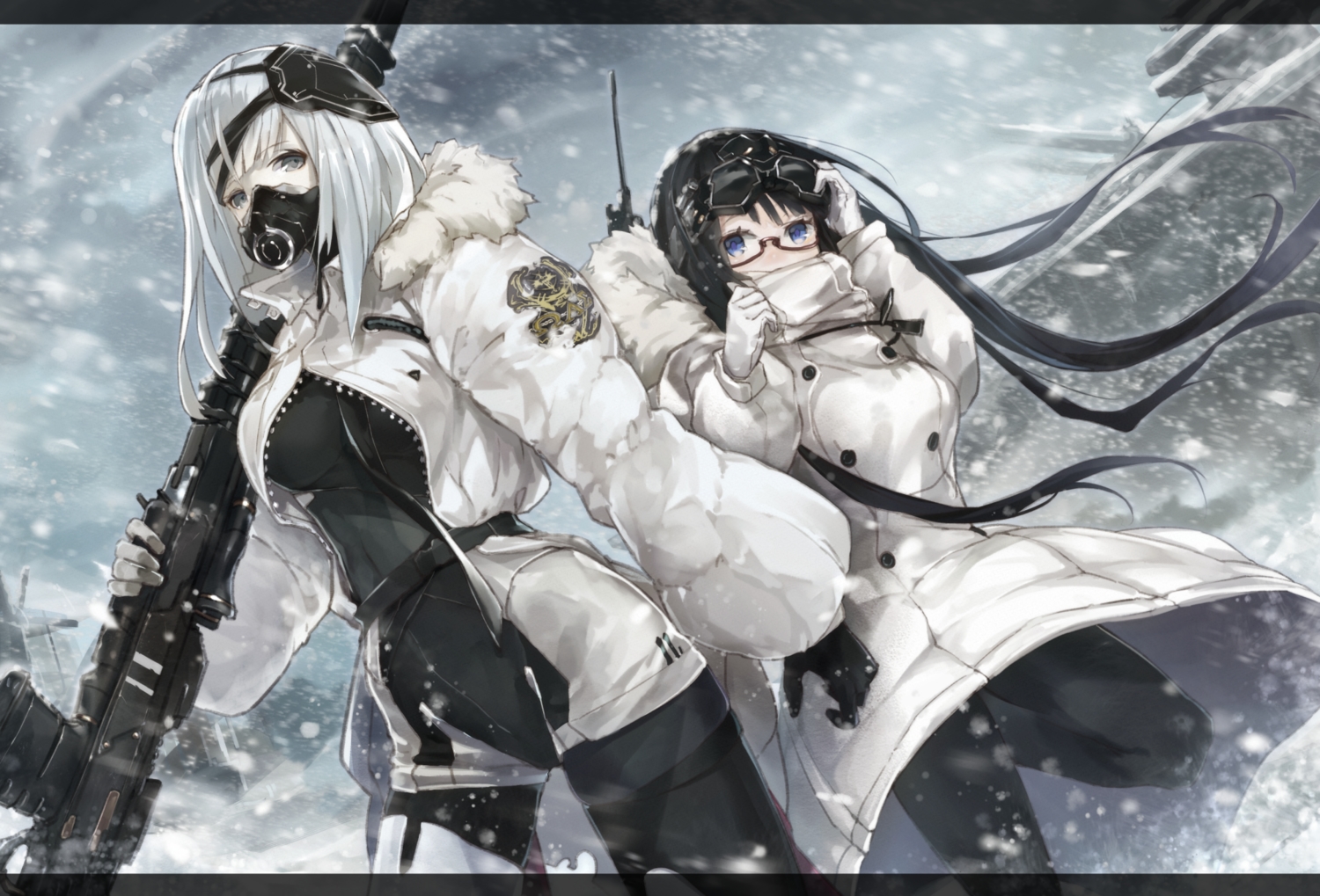 2girls, cruel_gz, gun, mask, original, snow, weapon, winter